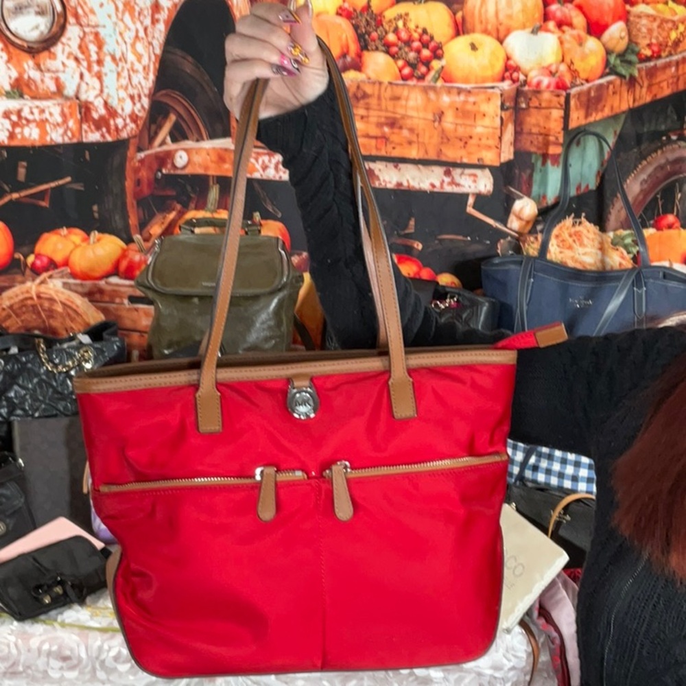 7. Michael Kors Red Nylon / Leather Trim Tote